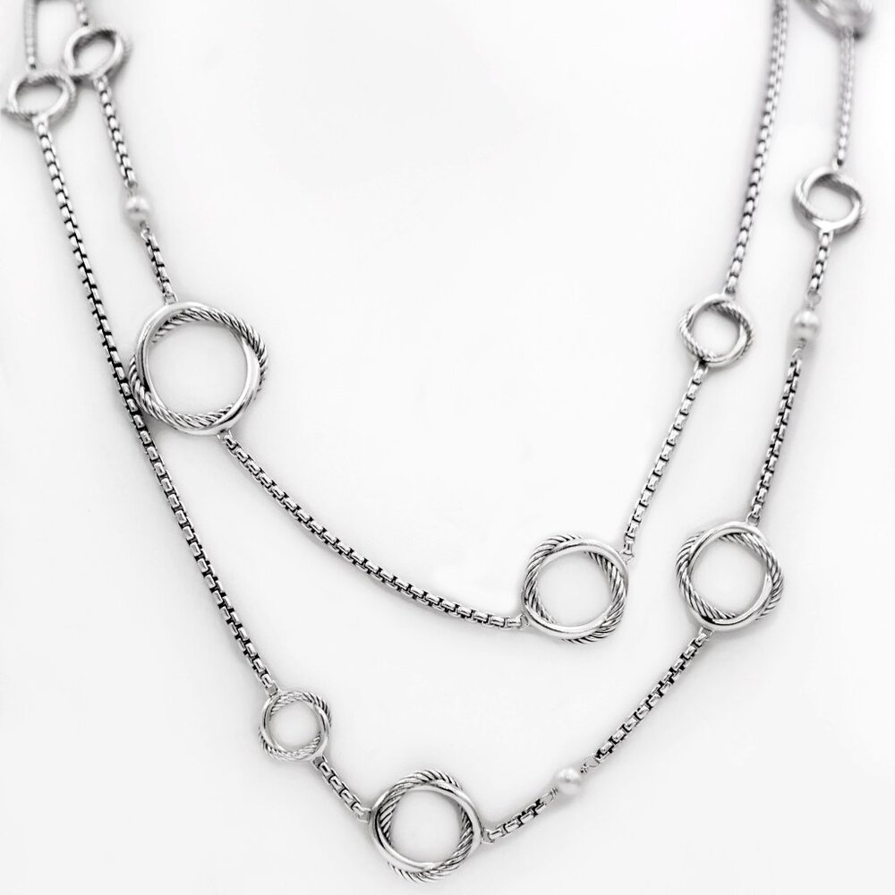David Yurman Silver 925 Infinity Circle Pearl Station Necklace 43" Long